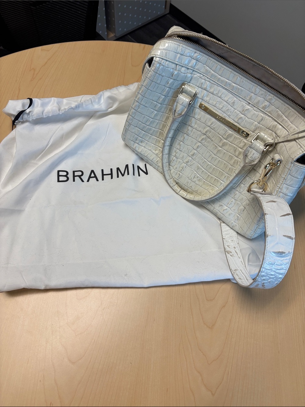 Brahmin White Croc-Embossed Satchel with Detachable Strap